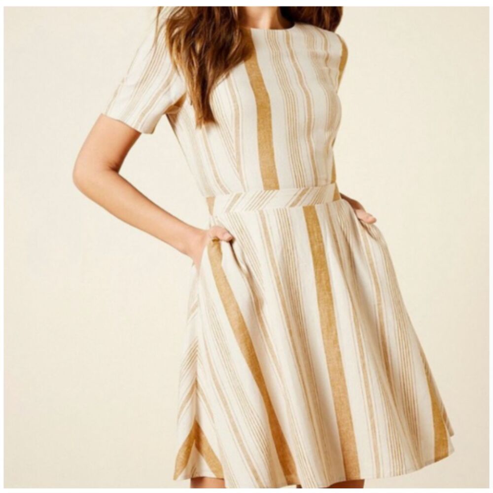 A Loves A Linen Blend Striped Fit & Flare Dress Size L Mustard Cream